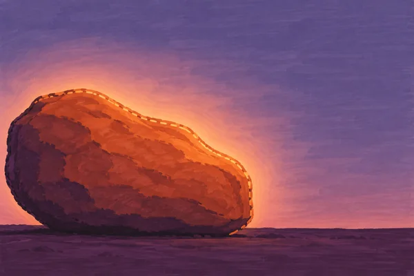 A broad, low terracotta boulder sits on plum ground beneath a peach-orange glow, against a muted violet dusk with open space to the right.