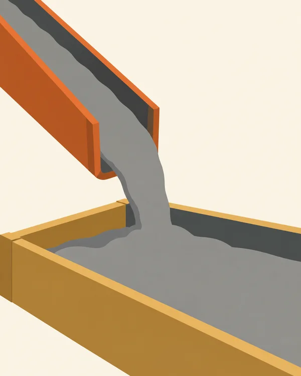 A burnt-orange chute pours a continuous stream of grey concrete into an ochre rectangular timber form, shown from an elevated angle against a cream background.