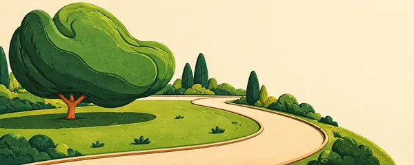 A stylized park with an oversized lopsided green tree on a small terracotta trunk, beside a curved pale path that winds around a bright green lawn.