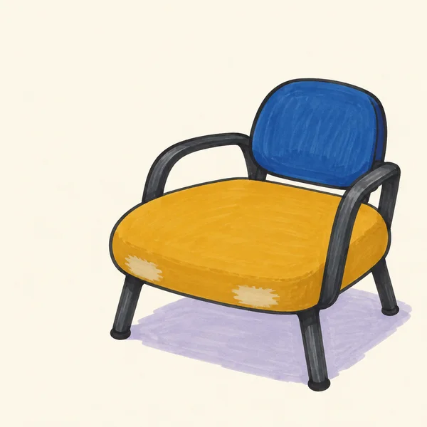 A hand-drawn upholstered chair with a broad ochre seat, large cobalt backrest, curved charcoal arms and splayed legs sits against a warm ivory background above…