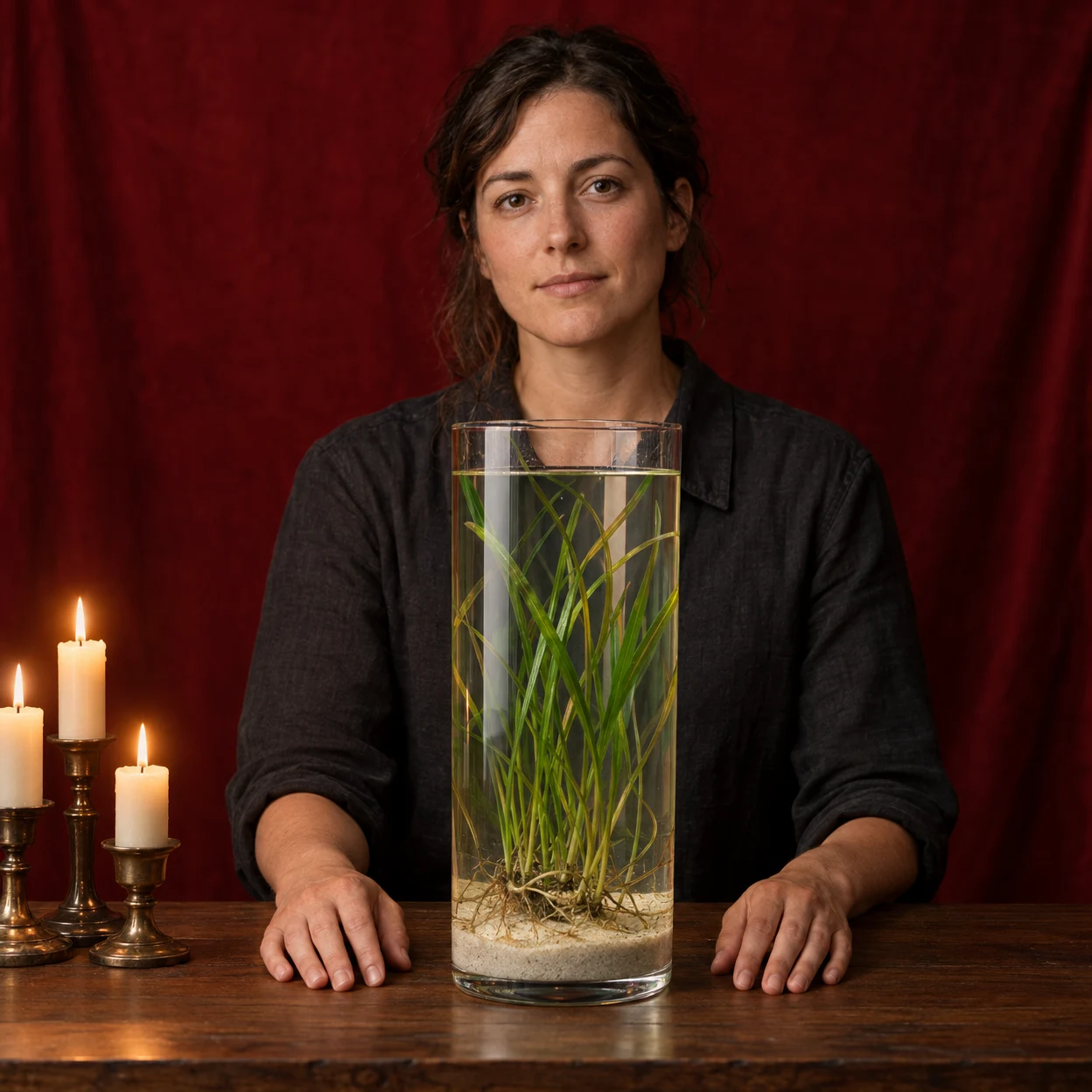 A seated woman in a charcoal shirt looks toward the camera behind a wooden table, with a tall glass vessel of eelgrass rooted in pale sand centered in front of…