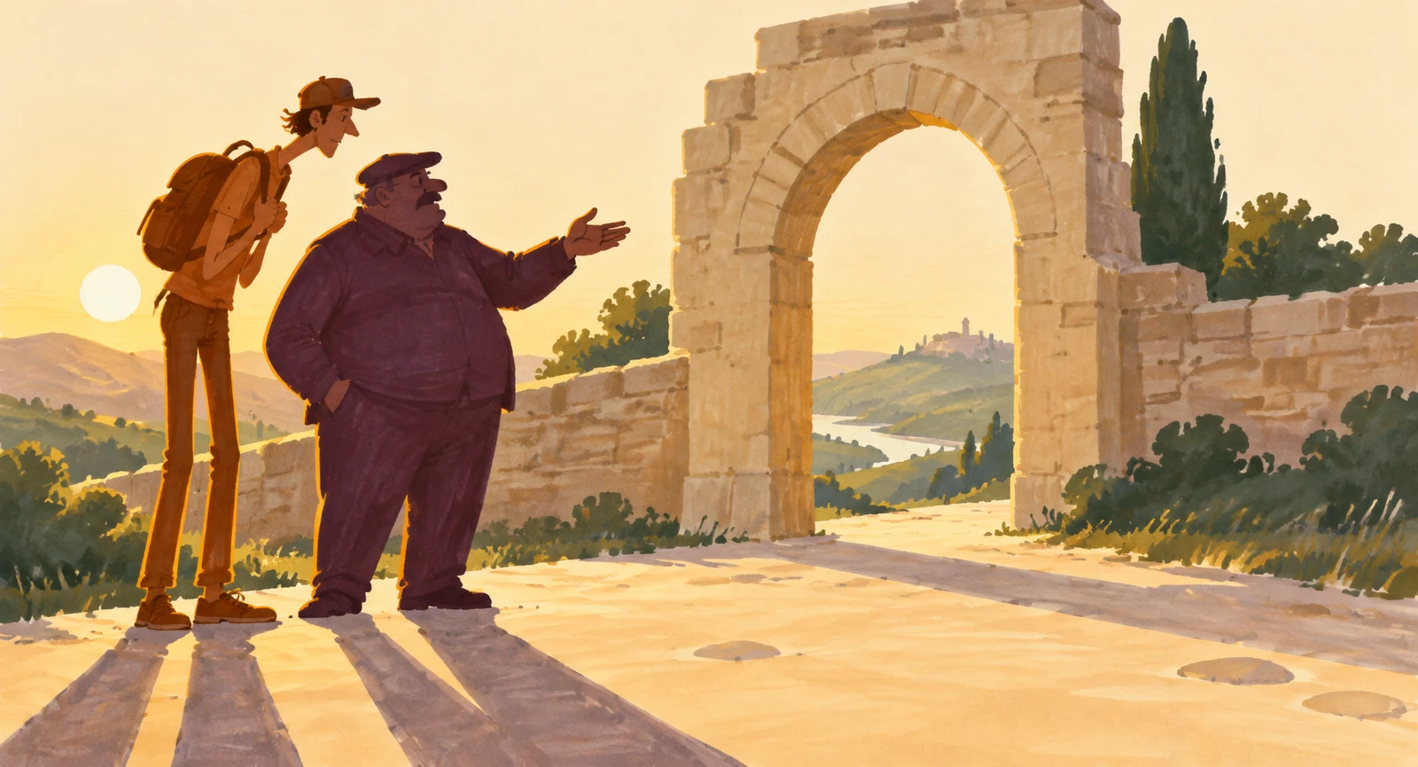 A broad, plum-clad storyteller gestures toward a large stone gateway while a lanky visitor with an orange daypack leans in to listen.