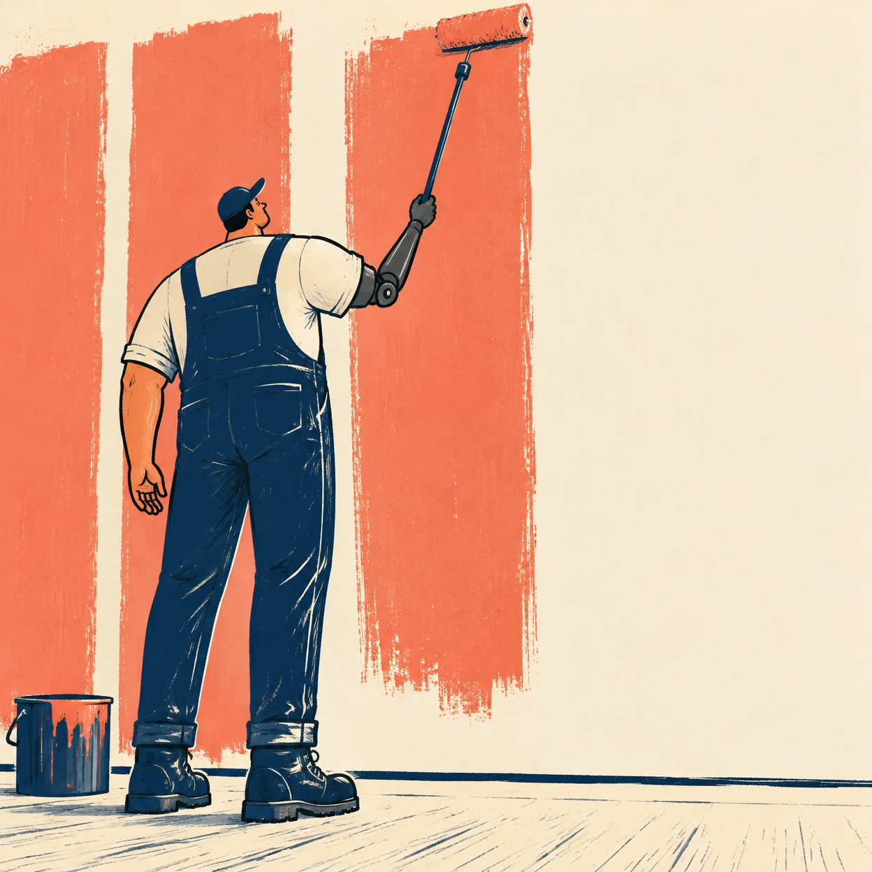 A worker in navy overalls and a light shirt paints a cream interior wall with a long-handled roller.
