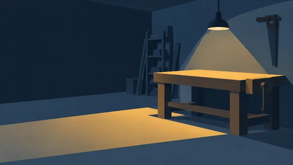 A low-angle view of an empty, dark blue woodworking workshop, with an ochre-lit timber workbench and vise beneath a hanging pendant lamp; a handsaw hangs on…