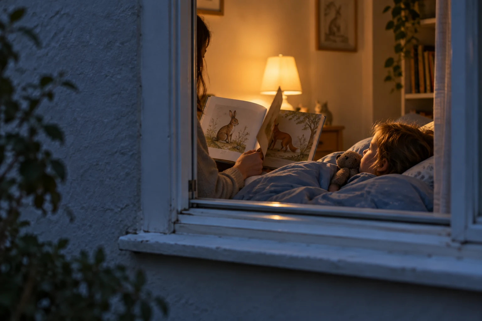 At blue hour, a view through an open bedroom window shows an adult reading an illustrated book to a child tucked under a blue duvet.