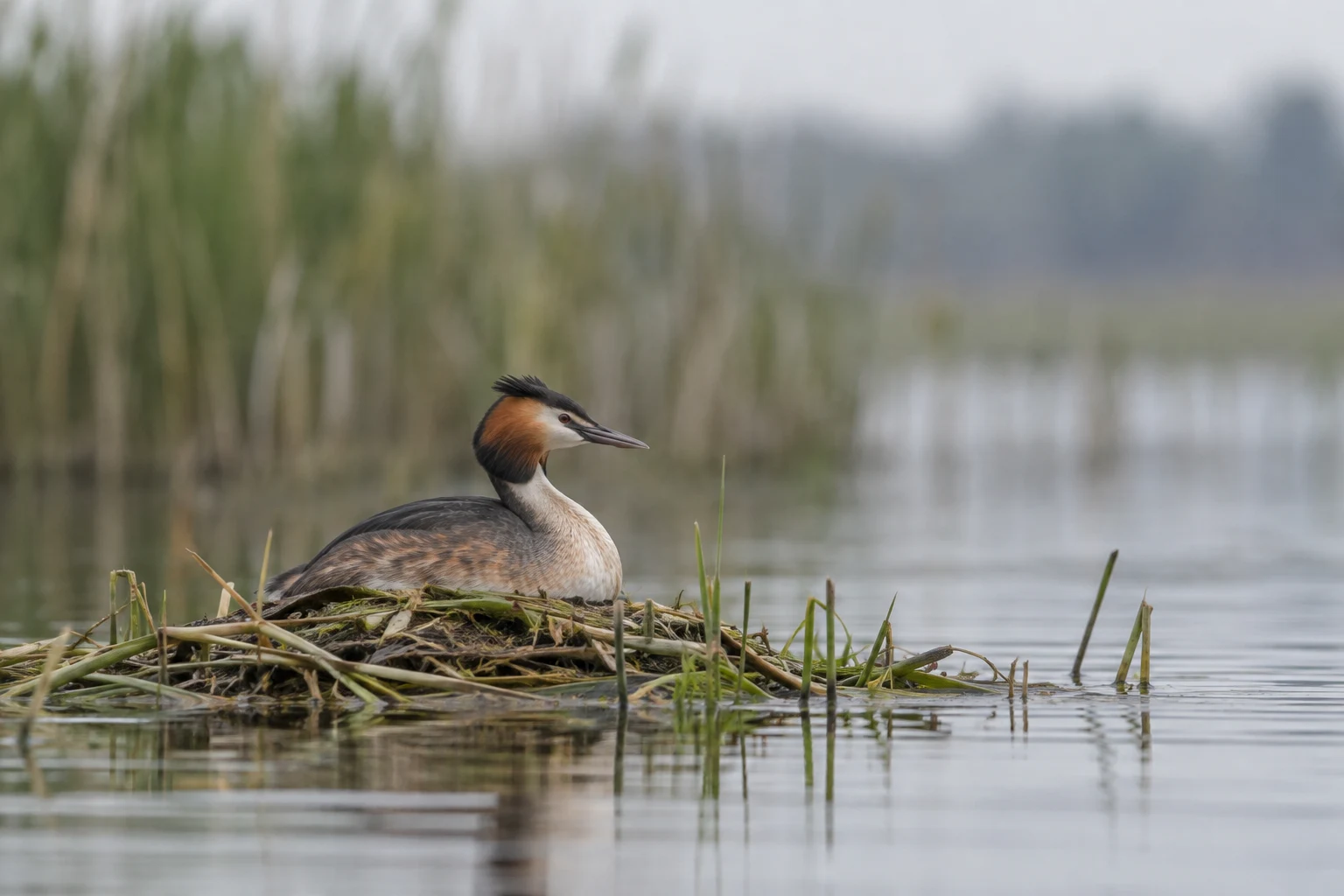 A great crested grebe sits on a floating nest of reeds and pond vegetation on a still lake, with softly blurred reeds behind it and open water to the right.