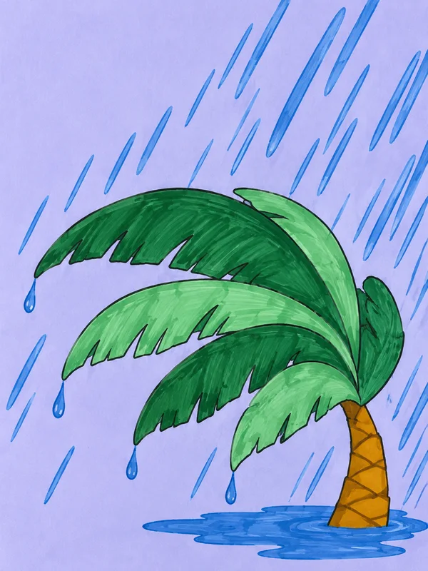 A squat tropical palm with broad green fronds swept left stands in a blue puddle against a pale lavender background, surrounded by diagonal blue rain and drops…