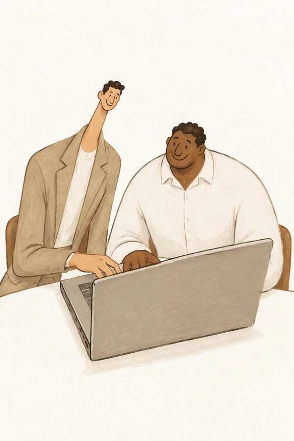 A tall, slim adult in a sand-coloured suit and a broad adult in a white shirt sit together at a white table, smiling as they use an oversized laptop.