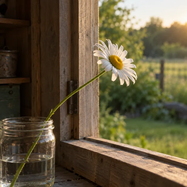 A single white daisy with a yellow centre leans diagonally from a clear glass jar on a weathered wooden sill, its bloom lit by warm sunlight just beyond the…