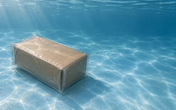A plain kraft cardboard box sits diagonally on a pale blue tank floor inside a clear plastic pouch, surrounded by blue water with open space to the right.