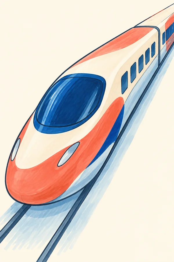 A hand-drawn illustration of a streamlined passenger train angled from the lower left toward the upper right, with a broad coral nose, dark blue windshield…