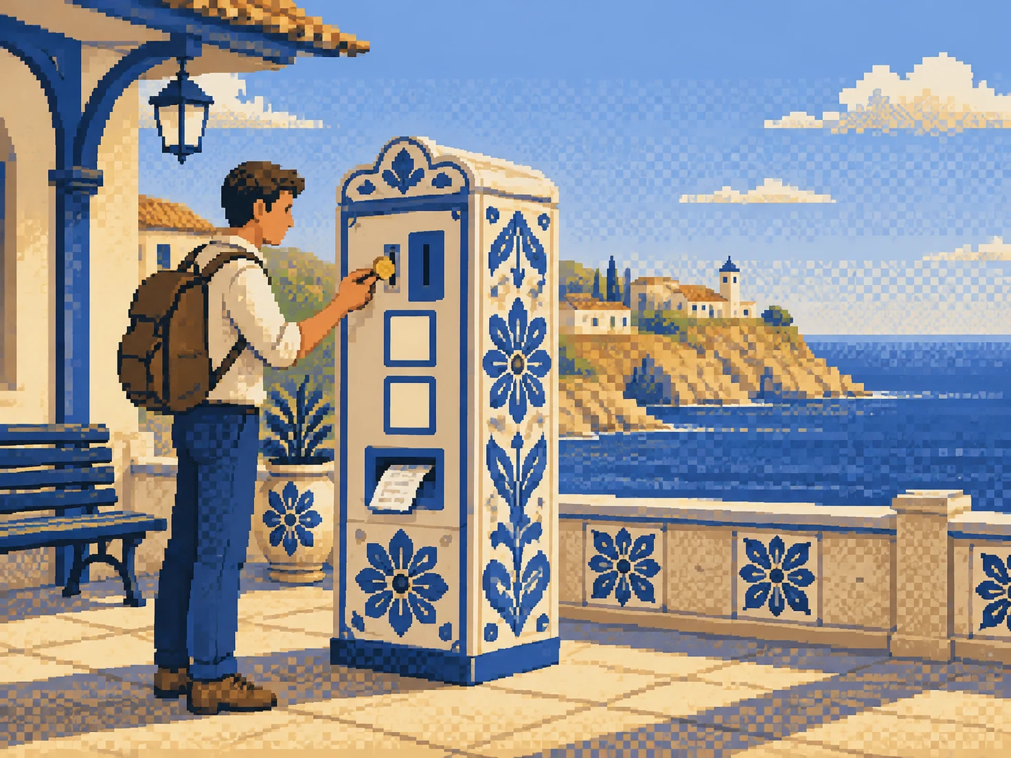 A pixel-art traveler inserts a coin into a cream ticket machine decorated with cobalt floral motifs on a coastal terrace overlooking a blue sea and ochre…