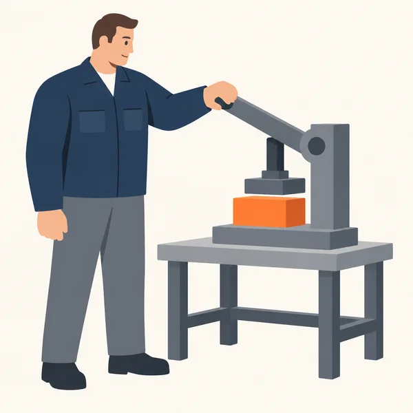 An engineer in a navy jacket and gray trousers stands beside a gray workbench, holding down the long lever of a clamp above a bright orange rectangular block.