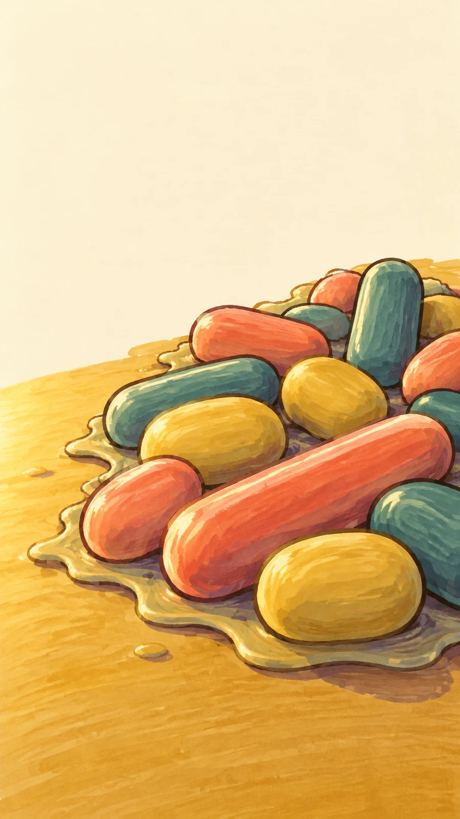 A hand-drawn marker-style illustration of coral, teal, and yellow capsule-shaped cells clustered on a scalloped ochre film, with pale cream space above and to…