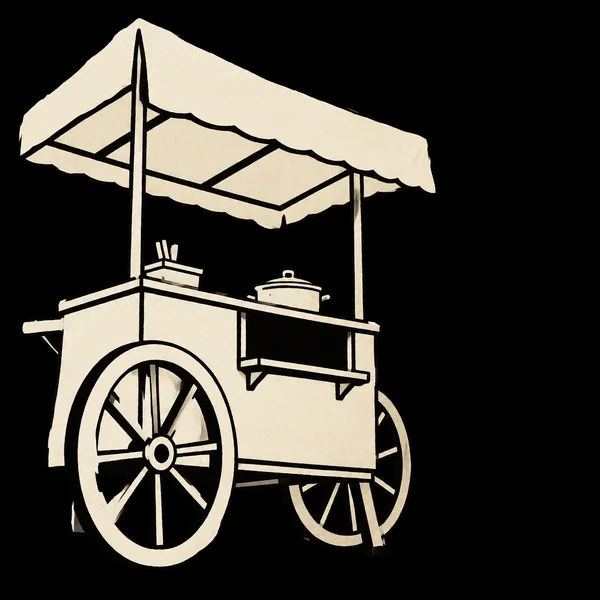 A cream street-food cart with two large spoked wheels, a broad canopy, a serving counter and a lidded pot stands against a solid black background.