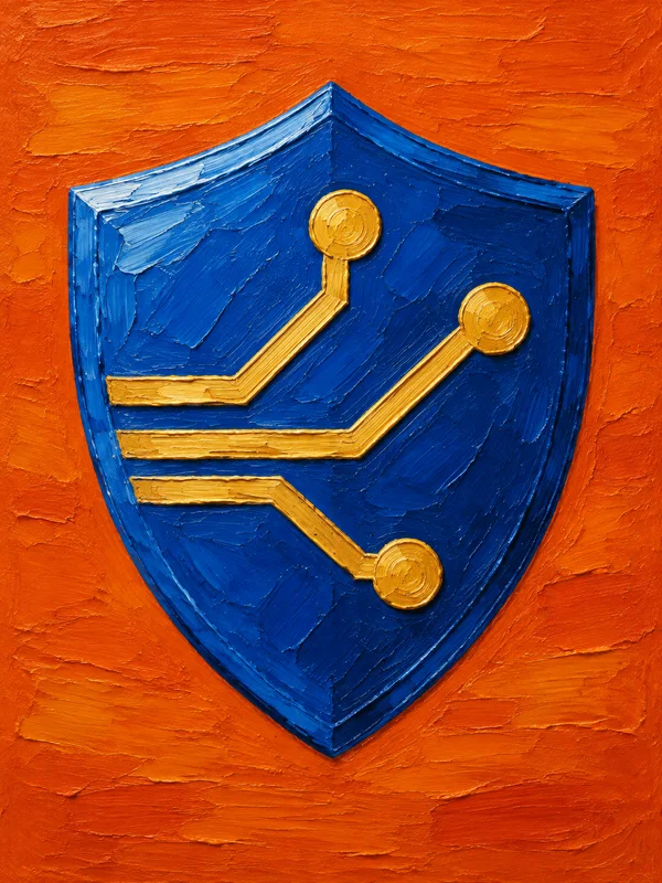 A large cobalt-blue shield with three golden circuit traces and round terminals, painted in thick impasto strokes against a textured burnt-orange background.
