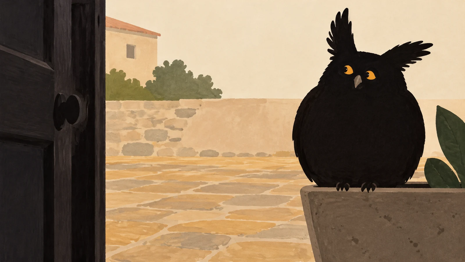 A large black owl with tall, uneven ear tufts perches on a concrete planter outdoors, seen through an open dark doorway; two broad leaves rise beside it…