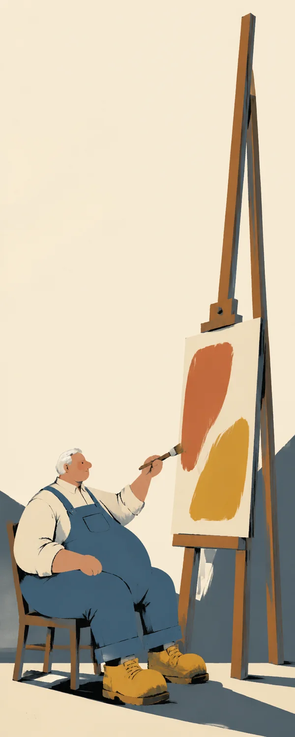 An older grey-haired man in blue overalls sits on a low chair and paints two large terracotta and mustard shapes on a canvas held by a very tall wooden easel.