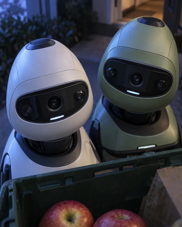 Two pear-shaped robots, one pearl-white and one muted green, pause behind a dark reusable crate holding two partly cropped apples; their black sensor panels…
