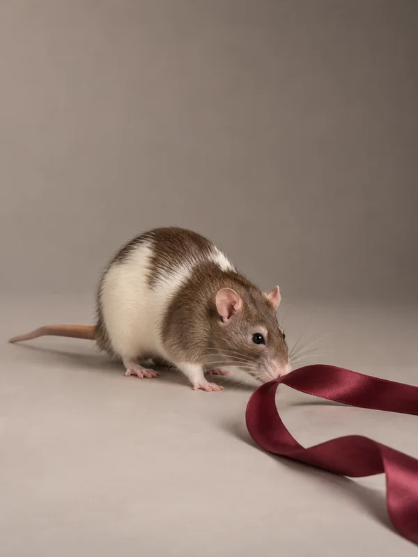 A brown-and-white pet rat crouches on a warm grey studio sweep, sniffing a wide burgundy satin ribbon that curls across the foreground.