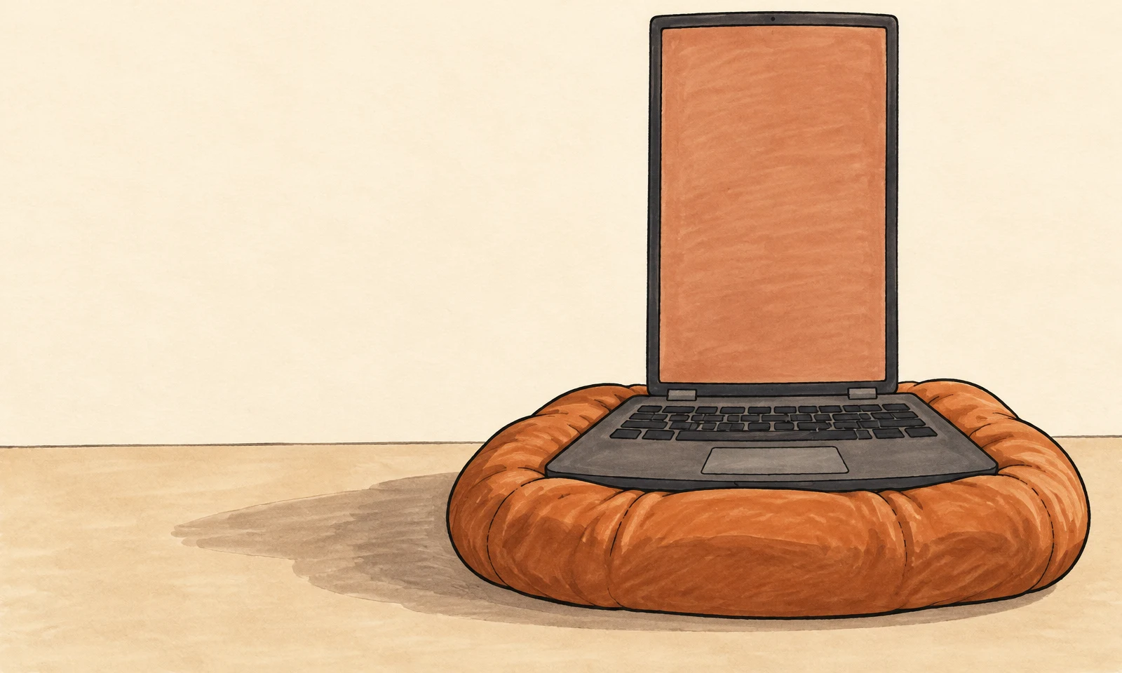 A charcoal laptop with an unusually tall, narrow copper-colored blank screen and wide keyboard base rests on a plump copper floor cushion against a cream…