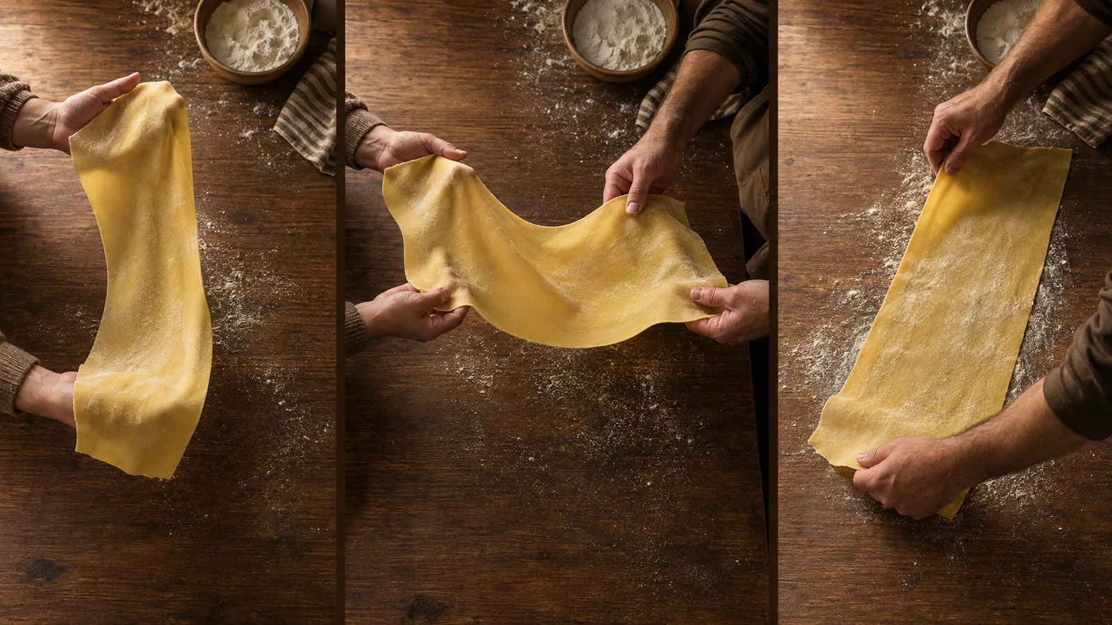 An overhead three-panel sequence shows cooks handling a broad sheet of golden pasta over a floured walnut table: one cook supports it, both cooks hold it…