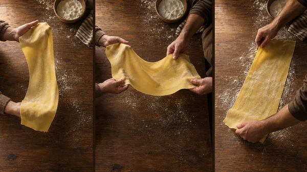 An overhead three-panel sequence shows cooks handling a broad sheet of golden pasta over a floured walnut table: one cook supports it, both cooks hold it…