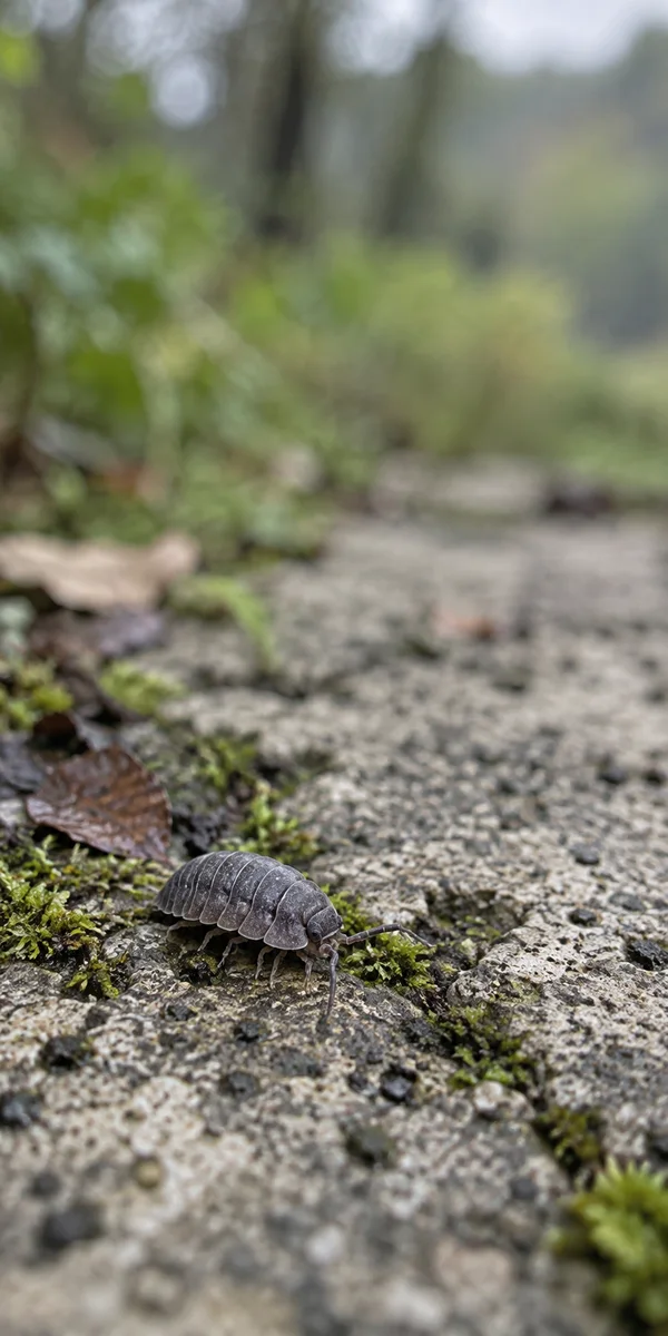A slate-grey segmented woodlouse stands on a rough concrete slab among small patches of moss and damp leaf fragments, with a softly blurred green woodland…