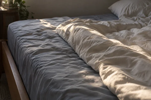 A rumpled ivory duvet forms a sunlit diagonal ridge across blue-gray sheets on a wooden bed, with a pale pillow at the far end and a plant beside the bed.