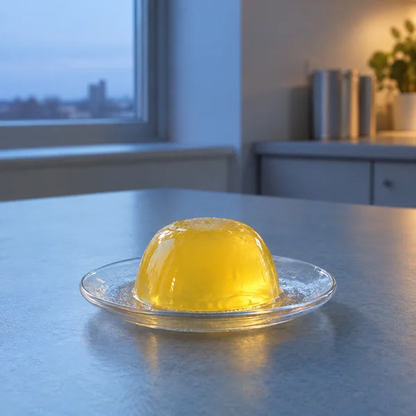 A glossy yellow gelatin dome sits on a condensation-speckled clear glass saucer on a blue tabletop, with a window, metal canisters and a potted plant softly…