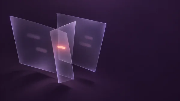 Three translucent lavender quadrilateral planes overlap left of center against a dark aubergine background, with soft oblong marks and a luminous coral bar at…