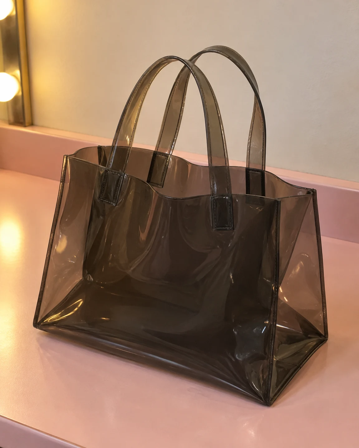 A large smoke-grey translucent vinyl tote with two loop handles sits on a pale pink counter, its dark overlapping panels and clear side folds reflecting warm…