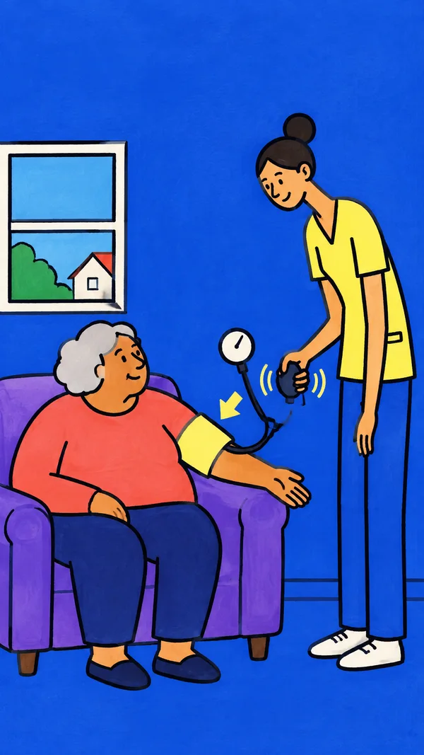 A silver-haired resident sits in a violet armchair with a yellow blood-pressure cuff on their arm while a care worker squeezes a rubber bulb; a round gauge and…