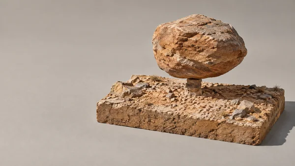 A large weathered sandstone boulder balances on a small stone pedestal atop a rectangular slab of rocky desert terrain, photographed on a warm-grey studio…