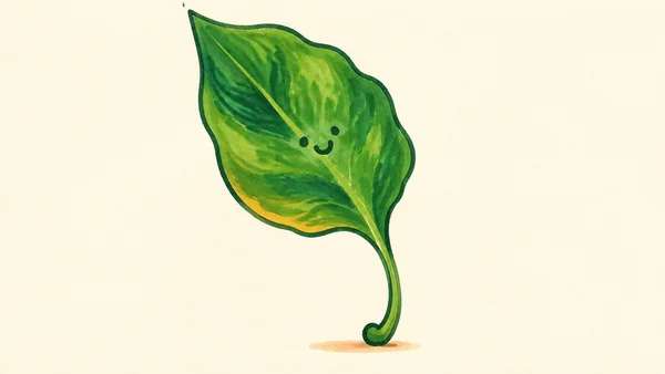 A smiling green leaf character with a large uneven blade and long curled stem stands on a small peach shadow against a warm cream background.