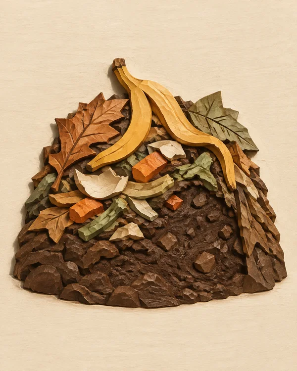 A carved-relief compost mound on a warm ivory background, with a curled ochre banana peel and broad dried leaves above a dense dark-brown humus base filled…