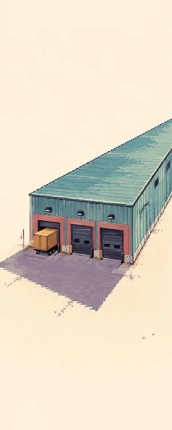 A stylized teal distribution warehouse recedes diagonally across a cream background, with three coral-framed loading bays and a short ochre box trailer at the…