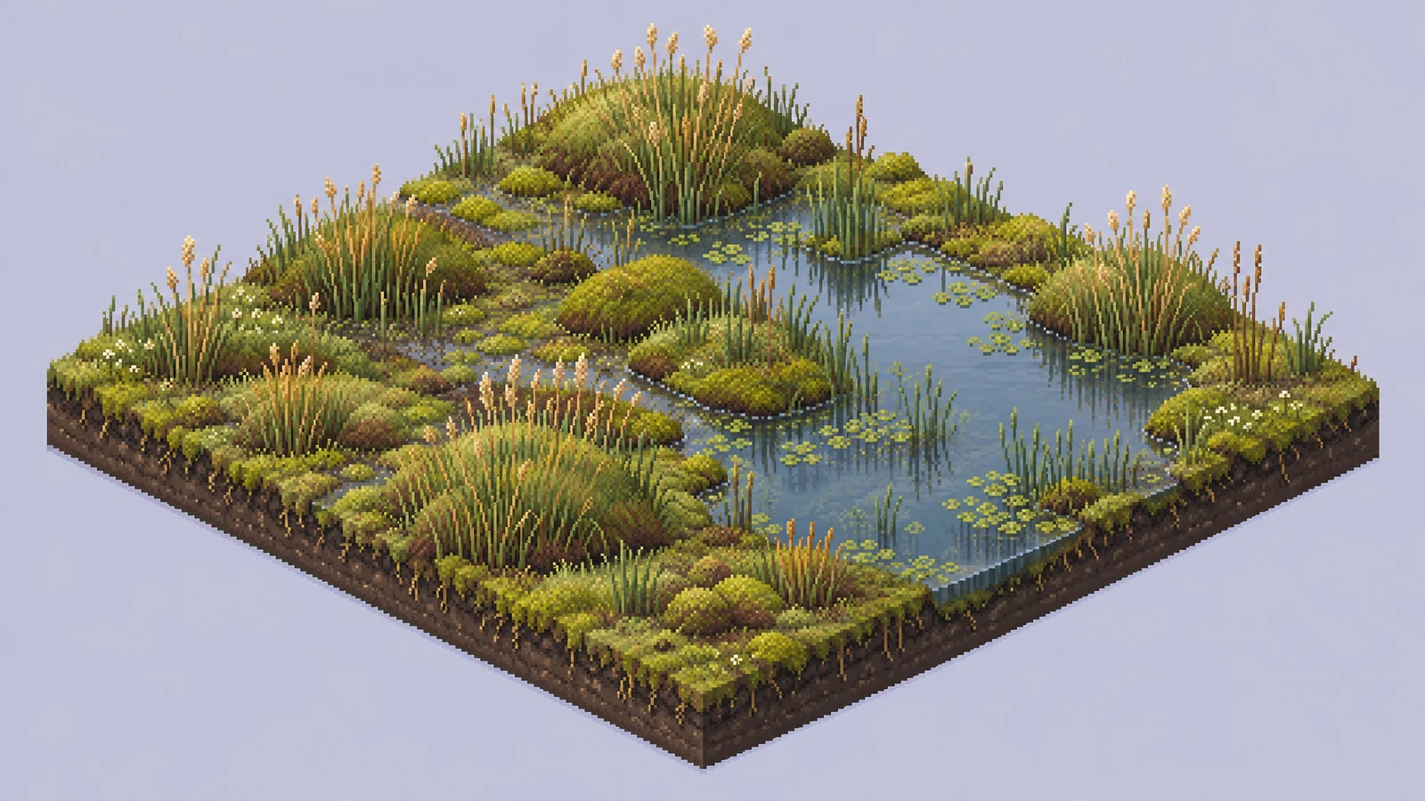 A square-edged isometric pixel-art terrain block shows a freshwater fen with dense mossy hummocks, tall sedges, straw-colored seed heads, and a shallow…