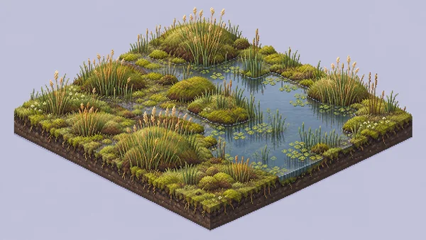 A square-edged isometric pixel-art terrain block shows a freshwater fen with dense mossy hummocks, tall sedges, straw-colored seed heads, and a shallow…