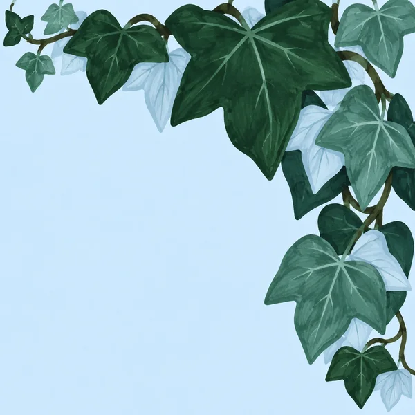 Large dark-green and muted-teal lobed leaves with pale-blue undersides curl along branching stems across the top and down the right edge, leaving a broad…