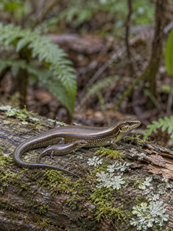A large bronze-brown skink and a smaller juvenile rest together on a lichen- and moss-covered fallen log, with softly blurred ferns and woodland behind them.
