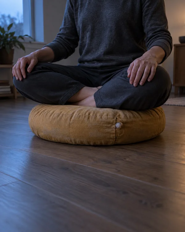 A person meditates cross-legged on a faded ochre cushion with a small seam opening and pale stuffing visible, in a domestic room with a wooden floor and cool…