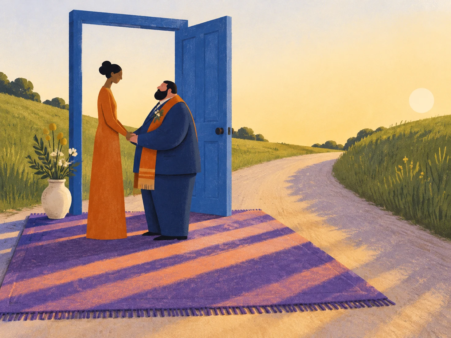Two partners hold hands on a large violet rug beneath a freestanding blue doorway beside a sunlit rural lane that curves through green fields.