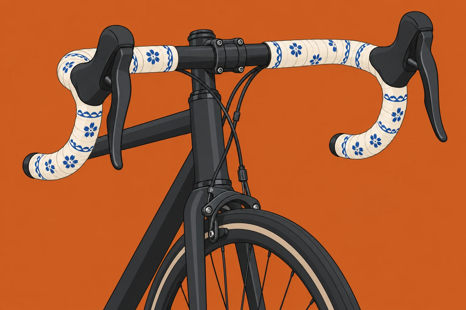 A charcoal road bicycle’s front assembly is shown against an orange background, with cream drop-bar tape decorated in blue floral motifs and scalloped bands.