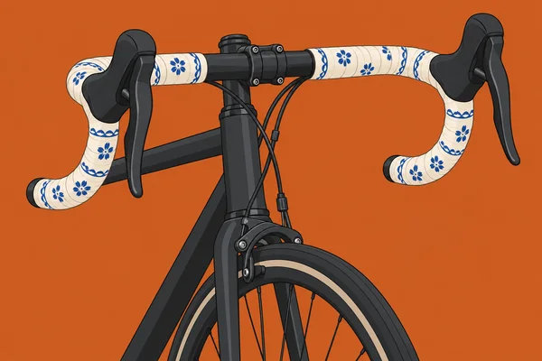 A charcoal road bicycle’s front assembly is shown against an orange background, with cream drop-bar tape decorated in blue floral motifs and scalloped bands.