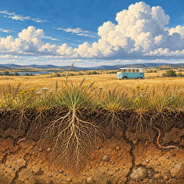 A turquoise-and-white vintage camper sits in a golden grassland beneath a broad blue sky filled with billowing clouds.
