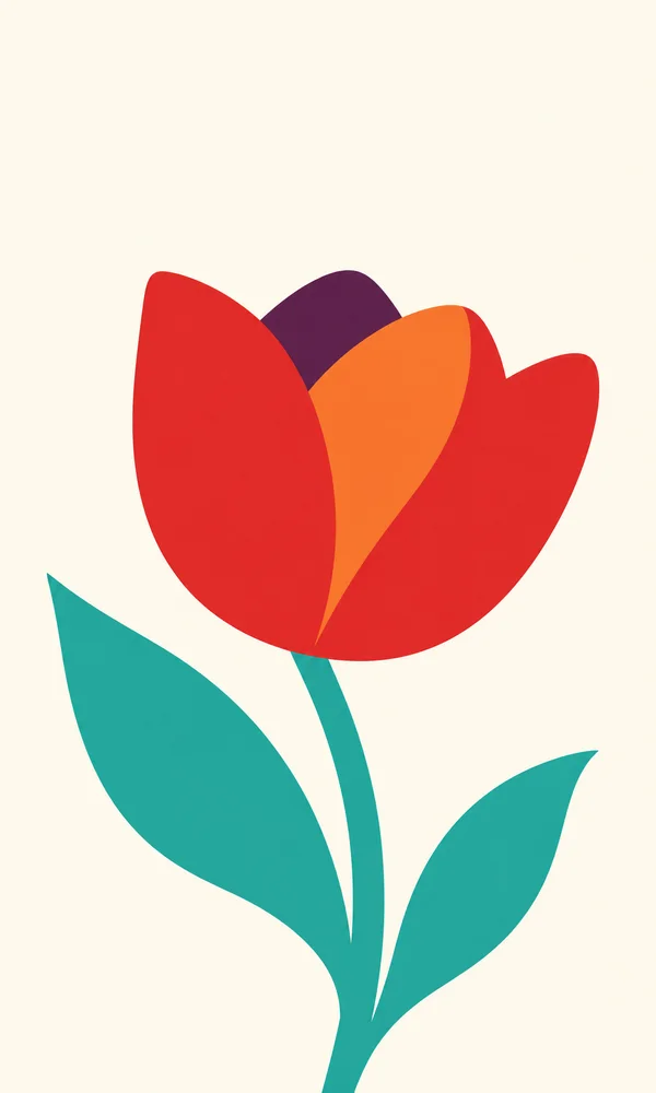 A large stylized tulip with red petals, an orange inner shape and a deep-purple inset rises on a curved turquoise stem with two broad leaves against a warm…