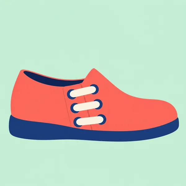 A coral shoe in side profile with a dark-blue sole and opening, three oversized cream bars passing through deep-blue holes, and a pale mint background.