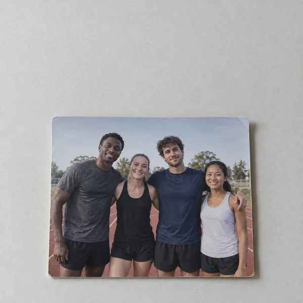 A square photographic print rests on a pale grey surface, showing four adult runners standing together on a red outdoor track, smiling with their arms around…