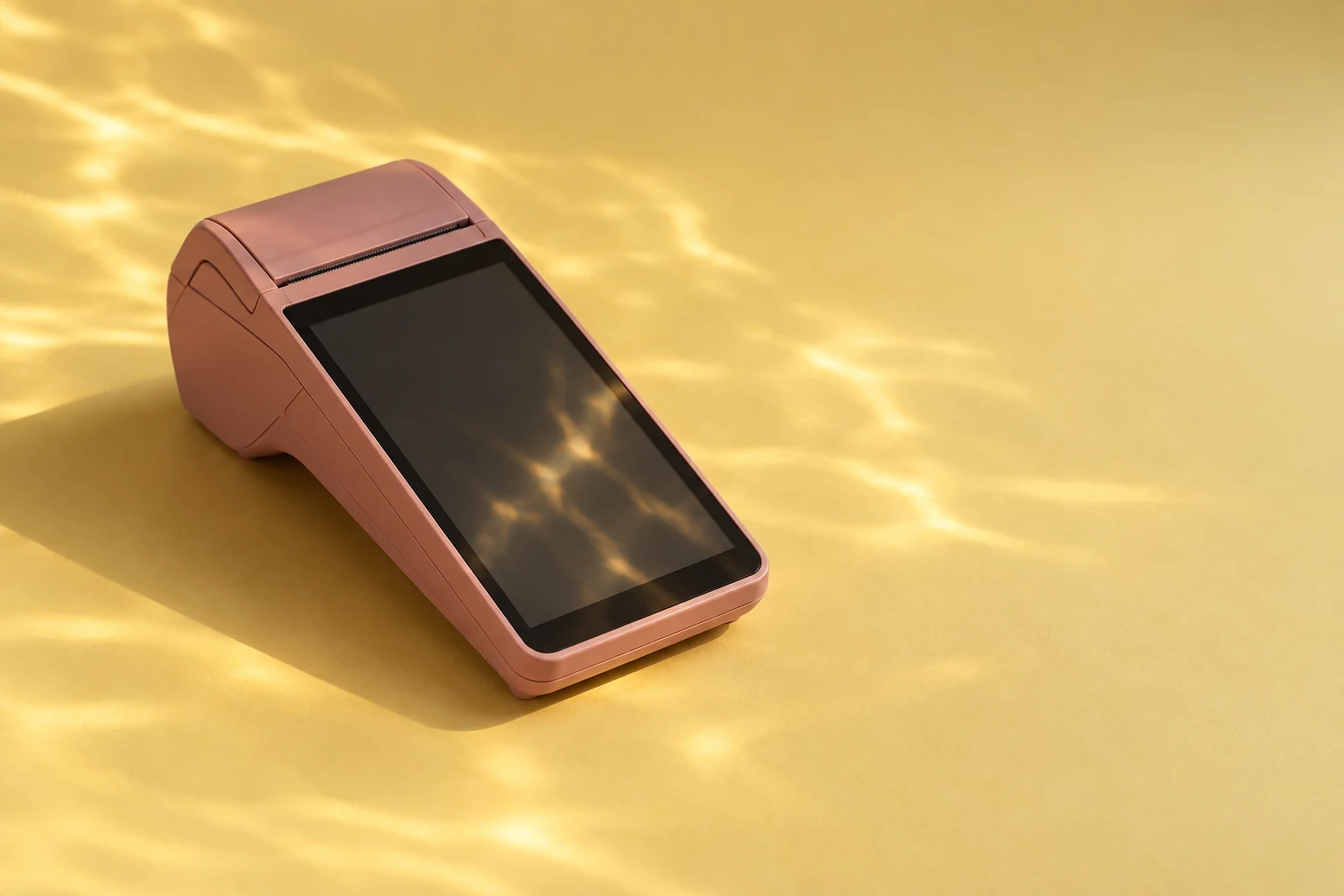A muted rose point-of-sale terminal rests diagonally on a butter-yellow surface, with golden rippled reflections across its dark screen and the surrounding…